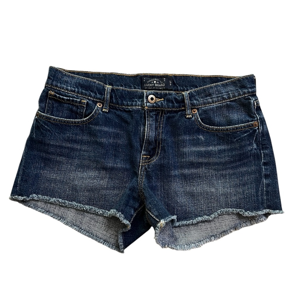 Lucky Brand Malibu Blue Jean Shorts Mid Rise 9”,  Size 4, Raw Hem, Med. Wash.